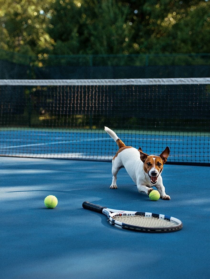 Jack russell na tenisovom kurte